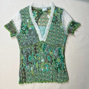Vintage Lace Crinkle Pleated Floral Print Alberto Makali Sheer Blouse